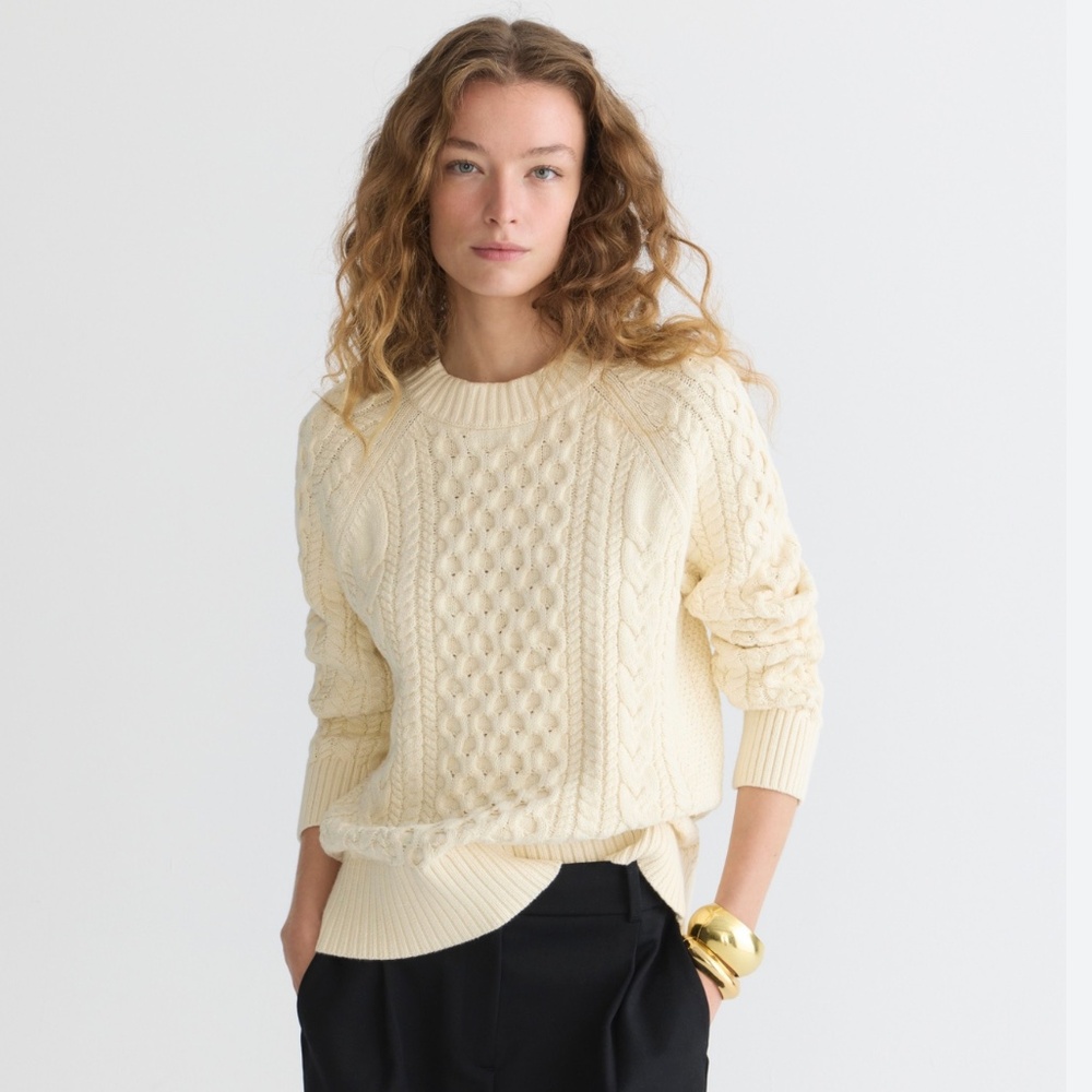 NWT J.Crew Cotton Cable Knit Ivory Cream Crewneck Sweater, sz S
